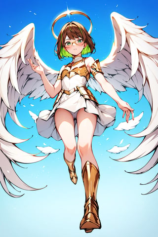 score_9,score_8_up,score_7_up, 1girl, short hair, looking at viewer, blush, bob cut, green eyes, brown hair with green highlights, wear glasses, full body shot, gold and white armor with engraving and intricate details, angel wings, vitreaux, blessed, from below, light from above, angelical, descending from heaven, raising one hand, short dress, 