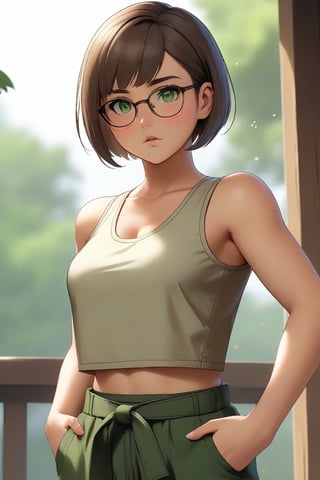 masterpiece, best quality, 1girl, frowning, wear glasses, Solo, brunette bob cut, freckle, full body shot, bare midriff, visible navel, small breasts, petite, pettanko, boob_window, sweating, complex background, looking away, short hair, parted lips, green eyes, high neck sleeveless crop top, karate pants, fighting pose, battle stance, gi, kicking motion, wide angle lens,