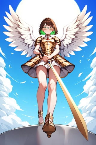 score_9,score_8_up,score_7_up, 1girl, short hair, looking at viewer, blush, bob cut, green eyes, brown hair with green highlights, wear glasses, full body shot, gold and white armor with engraving and intricate details, angel wings, flapping wings, holding a big and gold broadsword with intricate jewel decoration, vitreaux, blessed, from below, light from above, angelical, descending from heaven, raising one hand, 