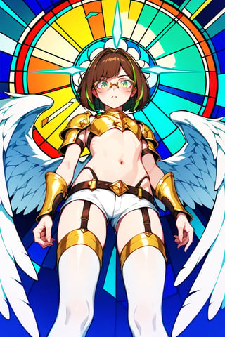 score_9,score_8_up,score_7_up, 1girl, short hair, looking at viewer, blush, bob cut, green eyes, brown hair with green highlights, wear glasses, full body shot, wearing only a gold armor and white shorts with white thigh highs, bare midriff, navel, groin, hipbones, angel wings, flapping wings, blessed, from below, light from above, angelical, descending from heaven, raising one hand, colorful broken stained glass windows background, beams of light passing through, broken glass shards, feathers, armor straps,