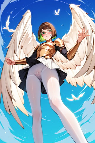 score_9,score_8_up,score_7_up, 1girl, short hair, looking at viewer, blush, bob cut, green eyes, brown hair with green highlights, wear glasses, full body shot, gold and white armor, angel wings, flapping wings, blessed, from below, light from above, angelical, descending from heaven, raising one hand, white pantyhose, short tight skirt,