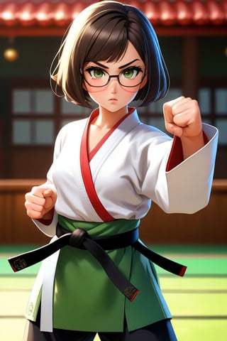 masterpiece, best quality, 1girl, frowning, wear glasses, Solo, brunette bob cut, freckle, full body, complex background, edges, looking away, short hair, parted lips, green eyes, make-up, karate uniform, open shirt, untied belt, open gi, bare midriff, visible navel, sweat, open hands, karate kick, raising leg in a forward kick motion, wide angle lens,