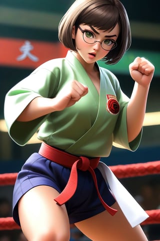 masterpiece, best quality, sportrait, 1girl, frowning, wear glasses, Solo, brunette bob cut, freckle, full body, complex background, edges, looking away, short hair, parted lips, green eyes, make-up, karate uniform, open shirt, bare midriff, sweat, karate kick, raising leg in a forward kick motion, wide angle lens,