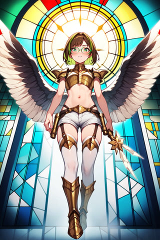 score_9,score_8_up,score_7_up, 1girl, short hair, looking at viewer, blush, bob cut, green eyes, brown hair with green highlights, wear glasses, full body shot, wearing only a gold armor and white shorts with white thigh highs, bare midriff, navel, groin, hipbones, angel wings, flapping wings, blessed, from below, light from above, angelical, descending from heaven, raising one hand, colorful broken stained glass windows background, beams of light passing through, broken glass shards, feathers, armor straps,