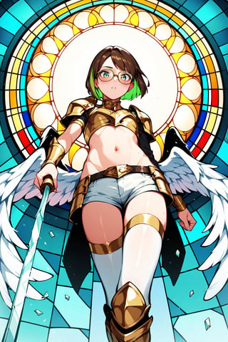 score_9,score_8_up,score_7_up, 1girl, short hair, looking at viewer, blush, bob cut, green eyes, brown hair with green highlights, wear glasses, full body shot, wearing only a gold armor and white shorts with white thigh highs, bare midriff, navel, groin, hipbones, angel wings, flapping wings, blessed, from below, light from above, angelical, descending from heaven, raising one hand, colorful broken stained glass windows background, beams of light passing through, broken glass shards, feathers, armor straps,