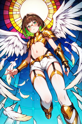 score_9,score_8_up,score_7_up, 1girl, short hair, looking at viewer, blush, bob cut, green eyes, brown hair with green highlights, wear glasses, full body shot, wearing only a gold armor and white shorts with white thigh highs, bare midriff, navel, groin, hipbones, angel wings, flapping wings, blessed, from below, light from above, angelical, descending from heaven, raising one hand, colorful broken stained glass windows background, beams of light passing through, broken glass shards, feathers, armor straps,