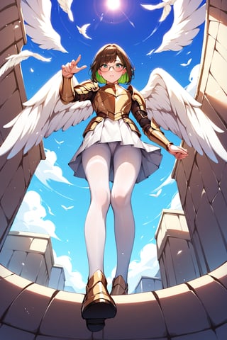 score_9,score_8_up,score_7_up, 1girl, short hair, looking at viewer, blush, bob cut, green eyes, brown hair with green highlights, wear glasses, full body shot, gold and white armor, angel wings, flapping wings, blessed, from below, light from above, angelical, descending from heaven, raising one hand, white pantyhose, short tight skirt,