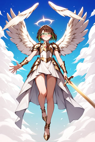 score_9,score_8_up,score_7_up, 1girl, short hair, looking at viewer, blush, bob cut, green eyes, brown hair with green highlights, wear glasses, full body shot, gold and white armor with engraving and intricate details, angel wings, flapping wings, holding a big and gold broadsword with intricate jewel decoration, vitreaux, blessed, from below, light from above, angelical, descending from heaven, raising one hand, 