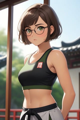 masterpiece, best quality, 1girl, frowning, wear glasses, Solo, brunette bob cut, freckle, full body shot, bare midriff, visible navel, small breasts, petite, pettanko, boob_window, complex background, looking away, short hair, parted lips, green eyes, high neck sleeveless crop top, karate pants, fighting pose, battle_stance, gi, innerboob, sweat, kicking motion, wide angle lens,