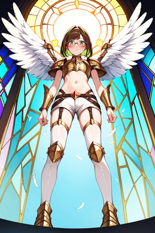 score_9,score_8_up,score_7_up, 1girl, short hair, looking at viewer, blush, bob cut, green eyes, brown hair with green highlights, wear glasses, full body shot, wearing only a gold armor and white shorts with white thigh highs, bare midriff, navel, angel wings, flapping wings, blessed, from below, light from above, angelical, descending from heaven, raising one hand, colorful broken stained glass windows background, beams of light passing through, broken glass shards, feathers, armor straps,