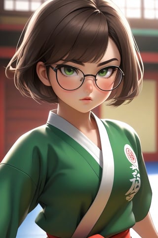 masterpiece, best quality, sportrait, 1girl, frowning, wear glasses, Solo, brunette bob cut, freckle, full body, complex background, edges, looking away, short hair, parted lips, green eyes, make-up, karate uniform, open shirt, bare midriff, navel, sweat, karate kick, raising leg in a forward kick motion, wide angle lens,