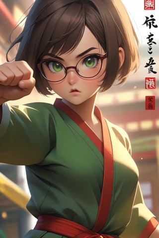 masterpiece, best quality, sportrait, 1girl, frowning, wear glasses, Solo, brunette bob cut, freckle, full body, complex background, edges, looking away, short hair, parted lips, green eyes, make-up, karate uniform, open shirt, bare midriff, navel, sweat, open hands, karate kick, raising leg in a forward kick motion, wide angle lens,