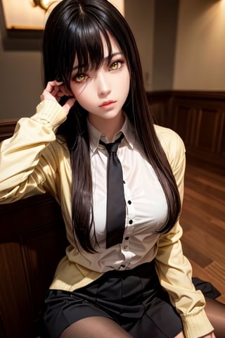 masterpiece, best quality, high definition, solo, Miko Yotsuya, yellow eyes, golden eyes, long straight hair, black hair with blue highlights at the ends), (gorgeous face), gorgeous eyes, detailed face, (detailed eyes), (((detailed hands))), ((soft smile)), photorealistic, Miko, (asian face:1.2), pantyhose, black tights, long hair, Nice legs and hot body, casual wear, blouse and skirt