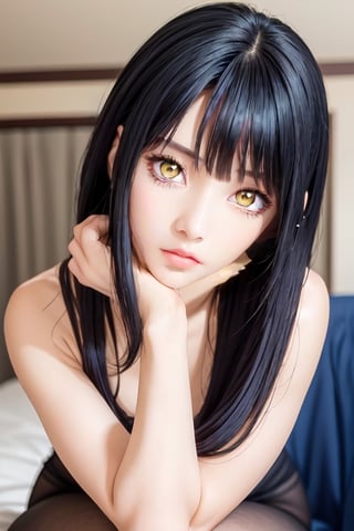 masterpiece, best quality, high definition, solo, Miko Yotsuya, yellow eyes, golden eyes, black hair with blue highlights at the ends), (gorgeous face), gorgeous eyes, detailed face, (detailed eyes), (((detailed hands))), ((soft smile)), photorealistic, Miko, (asian face:1.2), pantyhose, black tights