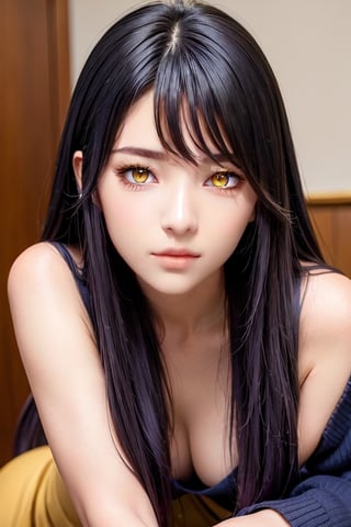 masterpiece, best quality, high definition, solo, Miko Yotsuya, ((yellow eyes)), golden eyes, long straight hair, black hair with blue highlights at the ends), (gorgeous face), gorgeous eyes, detailed face, (detailed eyes), (((detailed hands))), ((soft smile)), photorealistic, Miko, (asian face:1.2), pantyhose, black tights