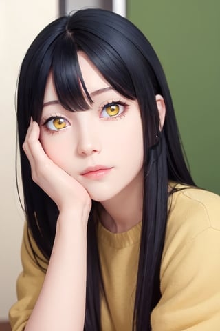 masterpiece, best quality, high definition, solo, Miko Yotsuya, yellow eyes, golden eyes, black hair with blue highlights at the ends), (gorgeous face), gorgeous eyes, detailed face, (detailed eyes), (((detailed hands))), ((soft smile)), photorealistic, Miko, (asian face:1.2),