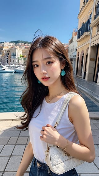 16 year old Korean woman, smiling, long brown hair, simple and fashionable colorful T-shirt and shorts, blue jeans and sneakers, white sneakers, walking with a view of the beautiful blue Mediterranean Sea in Nice, shoulder bag, earrings, Necklace, 150cm, smile, (Luanmei)