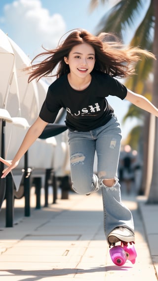 18 year old girl, ((full body view)), low angle, beautiful face, slender body, large eyes, eye highlights, beautiful and defined face, fair skin, long shiny chestnut hair, high bangs , lip fillers, a happy smile, a chiseled T-shirt, distressed jeans and shorts, a California beach street, (a girl happily gliding down the street on roller skates), speed, intensity, swaying hair, lush palm trees, detail, dynamic background, shiny texture, depth, movement, dynamism, energy, vibrant, epic scene, detail, ultra detail, 8K, movie lighting, shallow depth of field , out of focus, movie lighting, bright sun, blue sky and white clouds, seagulls