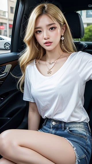 Korean female, 16 years old, long blonde shiny pixie hair, oversized t-shirt, shorts, blue jeans, driving a white car Mercedes-Benz, smiling, blue eyes, beautiful face, Smiling, laughing out loud, wearing a necklace and earrings, (Luan Mei), smiling,