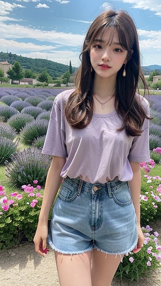 16 year old Korean woman, smiling, long brown hairstyle, simple and fashionable colorful T-shirt and shorts, blue jeans and sneakers, white sneakers, walking in a lavender field in Provence, France, background, earrings , necklace, 150 cm, (Luanmei)