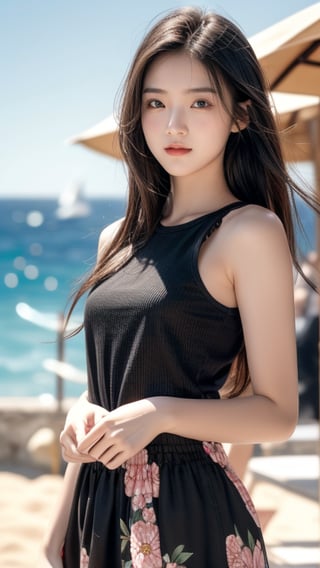 Background is Capri, Italy, sea, horizon, beach, one 16 year old girl, beautiful girl, Korean girl, standing on the beach, wearing a black sleeveless shirt and a white wide skirt (floral pattern). Happy smile, solo, {beautiful detailed eyes}, dark eyes, calm expression, delicate features, ((model pose)), attractive figure, small waist, (black hair), very long hair, Waist-length hair, dreadlocks, pale skin, detailed skin, hairpins, thin grain, real hands, masterpiece, top quality, 32k, vivid colors, photorealistic, super detailed, finely detailed, high resolution, perfect dynamic composition, beautiful detailed eyes, sharp focus, cowboy shot, smile,