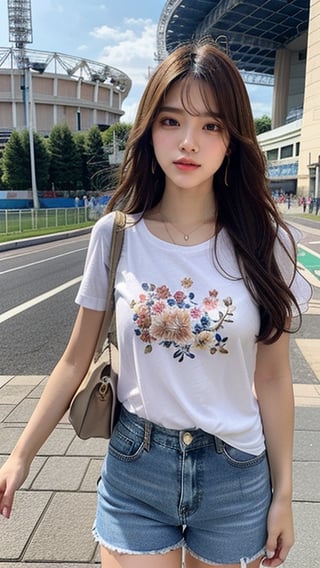 16 year old Korean woman, smiling, long brown hair, floral T-shirt and shorts, blue jeans and sneakers, white sneakers, walking near the Olympic stadium in France, shoulder bag, earrings, necklace, 150cm , adorable smile, (Luanmei)