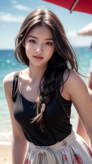 Background is Capri, Italy, sea, horizon, beach, one 16 year old girl, beautiful girl, Korean girl, standing on the beach, wearing a black sleeveless shirt and a white wide skirt (floral pattern). Happy smile, solo, {beautiful detailed eyes}, dark eyes, calm expression, delicate features, ((model pose)), attractive figure, small waist, (black hair), very long hair, Waist-length hair, dreadlocks, pale skin, detailed skin, hairpins, thin grain, real hands, masterpiece, top quality, 32k, vivid colors, photorealistic, super detailed, finely detailed, high resolution, perfect dynamic composition, beautiful detailed eyes, sharp focus, cowboy shot, smile,