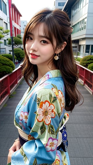 16-year-old Korean woman, smile, long brown hair, colorful floral pattern yukata, walking on Japan's Rainbow Bridge, back, earrings, necklace, 150cm, nice smile, (Luan Mei)