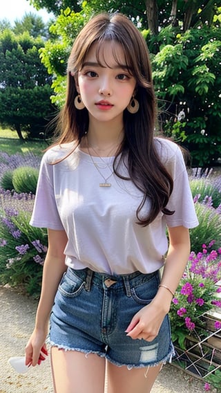 16 year old Korean woman, smiling, long brown hairstyle, simple and fashionable colorful T-shirt and shorts, blue jeans and sneakers, white sneakers, walking in a lavender field in Provence, France, background, earrings , necklace, 150 cm, (Luanmei)