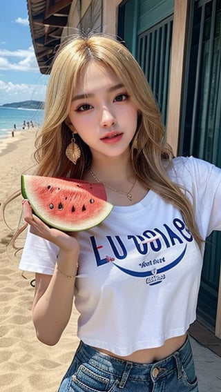 Korean female, 16 years old, long blonde shiny fairy hair, oversized t-shirt in Karaul, shorts, blue jeans, going to the beach and breaking watermelon, smiling, blue eyes, beautiful face, smiling, loud Laughs, wears necklace and earrings, (Luanmei)