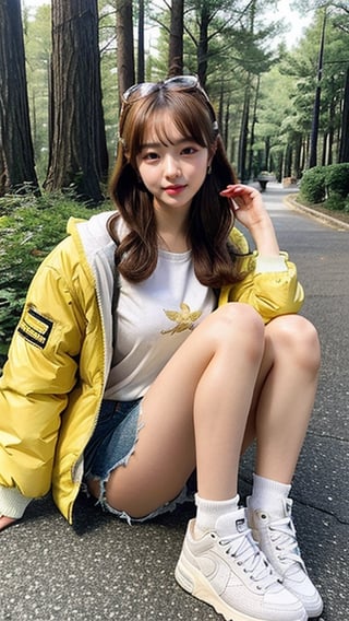 18 year old Korean woman, blonde pixie shorts hairstyle, oversized yellow jacket, bomber M1, shorts, blue jeans, white sneakers, all forest background, smiling, (Ruan-mei)