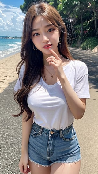 Korean female, 17 years old, long blonde shiny fairy hair, oversized T-shirt, shorts, blue jeans, goes to the beach and splits watermelons, smile, blue eyes, beautiful face, smile, Laugh out loud, wear a necklace and earrings, (Ruan-mei)