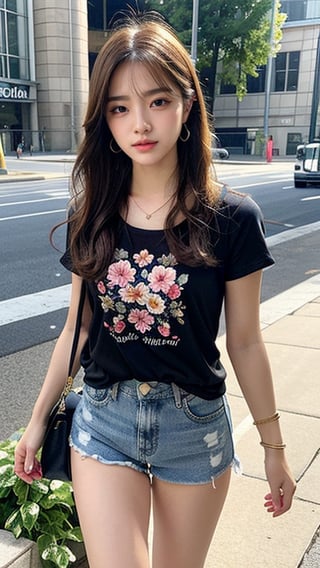 16 year old Korean female, smiling, long brown hair, floral print T-shirt and shorts, blue jeans and sneakers, white sneakers, walking near Stade de France, shoulder bag, earrings, necklace , 150cm, adorable smile, (Luanmei)