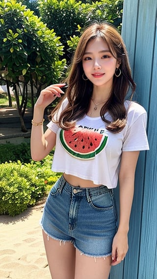 Korean female, 16 years old, long blonde shiny fairy hair, oversized t-shirt in Karaul, shorts, blue jeans, going to the beach and breaking watermelon, smiling, blue eyes, beautiful face, smiling, loud Laughs, wears necklace and earrings, (Luanmei),smile,