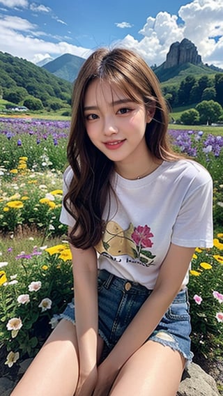 Korean female, 18 years old, long blonde shiny pixie hairstyle, oversized T-shirt, shorts, blue jeans, climbing a mountain with a beautiful flower field, smile, blue eyes, beautiful face,smile,laughing out loud, (Ruan -mei)