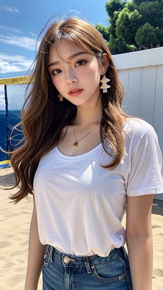 Korean female, 16 years old, long blonde shiny fairy hair, oversized t-shirt in Karaul, shorts, blue jeans, started playing beach volleyball, smiling, blue eyes, beautiful face, smiling, laughing out loud , wearing a necklace and earrings, (Luanmei), smiling,