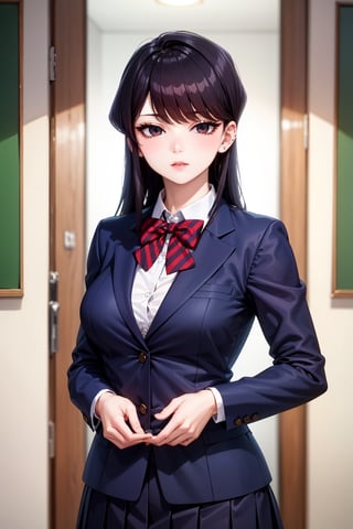 Komi Shouko stands confidently in front of a subtle, blurred background, her long black hair styled with sidelocks and swept bangs framing her striking features. Her piercing black eyes sparkle beneath her thick eyelashes. She wears a crisp school uniform consisting of a blue blazer, collared white shirt, and red striped bow tie. The medium-sized breasts are subtly accentuated by the fitted shirt. A diagonal-striped bow adorns the front of the blouse, adding a touch of whimsy to the overall design. The long sleeves and red pleated skirt create a striking contrast, while black pantyhose adds a hint of sophistication. She completes her look with comfortable loafers, showcasing her confident demeanor.