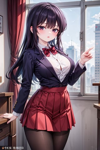 Komi Shouko stands confidently in front of a subtle, blurred background, her long black hair styled with sidelocks and swept bangs framing her striking features. Her piercing black eyes sparkle beneath her thick eyelashes. She wears a crisp school uniform consisting of a blue blazer, collared white shirt, and red striped bow tie. The medium-sized breasts are subtly accentuated by the fitted shirt. A diagonal-striped bow adorns the front of the blouse, adding a touch of whimsy to the overall design. The long sleeves and red pleated skirt create a striking contrast, while black pantyhose adds a hint of sophistication. She completes her look with comfortable loafers, showcasing her confident demeanor.,BIG BOOB,HOT,HOT WOMAN,BIG TITS,red bowtie