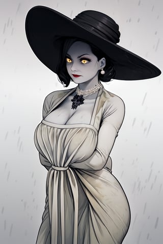 Alcina, yellow eyes, black hair, short hair,
pale skin, may not be necessary - black or gray eyes - if not yellow, lipstick, mature woman, makeup, veiny skin, curves, - can improve appearance, white dress, hat, single earring, neckline, pearl necklace, black gloves, the dress has a flower or a black rose, -> flower brooch on the shoulder, - black may need to be added, hat, black hat, big hat or sun hat
