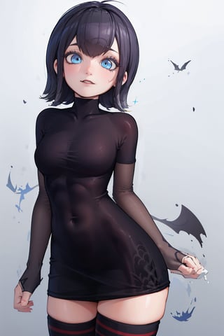 1 girl, mavis dracula, dress, striped thigh highs

Add black hair and blue eyes if necessary.