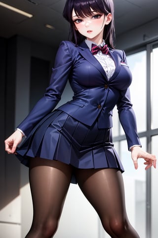 Komi Shouko stands confidently in front of a subtle, blurred background, her long black hair styled with sidelocks and swept bangs framing her striking features. Her piercing black eyes sparkle beneath her thick eyelashes. She wears a crisp school uniform consisting of a blue blazer, collared white shirt, and red striped bow tie. The medium-sized breasts are subtly accentuated by the fitted shirt. A diagonal-striped bow adorns the front of the blouse, adding a touch of whimsy to the overall design. The long sleeves and red pleated skirt create a striking contrast, while black pantyhose adds a hint of sophistication. She completes her look with comfortable loafers, showcasing her confident demeanor.,BIG BOOB,HOT,HOT WOMAN