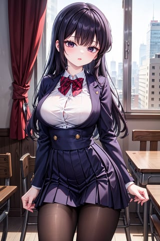 Komi Shouko stands confidently in front of a subtle, blurred background, her long black hair styled with sidelocks and swept bangs framing her striking features. Her piercing black eyes sparkle beneath her thick eyelashes. She wears a crisp school uniform consisting of a blue blazer, collared white shirt, and red striped bow tie. The medium-sized breasts are subtly accentuated by the fitted shirt. A diagonal-striped bow adorns the front of the blouse, adding a touch of whimsy to the overall design. The long sleeves and red pleated skirt create a striking contrast, while black pantyhose adds a hint of sophistication. She completes her look with comfortable loafers, showcasing her confident demeanor.,BIG BOOB,HOT,HOT WOMAN,BIG TITS