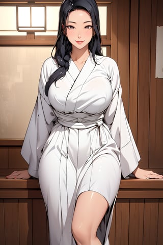 A serene dusk settles over a traditional Japanese house, its wooden slats warm under the soft glow of lanterns and starlight. A mature woman stands confidently, from head to toe clad in sandals, her striking features illuminated by the gentle ambiance. Her black hair cascades down her back, purplish-gray eyes gleam with warmth, and rosy cheeks flush with a subtle smile. A luxurious white kimono with gray lines drapes elegantly over her curvaceous figure, drawing attention to her prominent derrière as she proudly displays it to the viewer. The air is intimate and alluring, inviting the gaze to linger on her well-defined legs and toned physique, framed by the serene evening atmosphere.