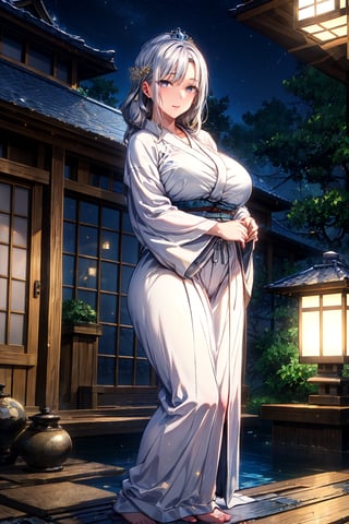 Mature woman, from toes to crown, dons luxurious white kimono, standing outside traditional Japanese house at dusk, under starry night sky with soft lantern light. Her massive derrière is prominent as she grasps her buttocks, inviting the viewer's gaze.