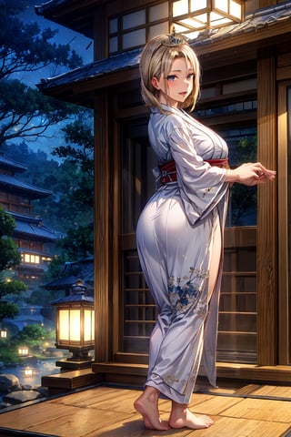 Mature woman, from toes to crown, dons luxurious white kimono, standing outside traditional Japanese house at dusk, under starry night sky with soft lantern light. Her massive derrière is prominent as she grasps her buttocks, inviting the viewer's gaze.