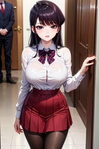 Komi Shouko stands confidently in front of a subtle, blurred background, her long black hair styled with sidelocks and swept bangs framing her striking features. Her piercing black eyes sparkle beneath her thick eyelashes. She wears a crisp school uniform consisting of a blue blazer, collared white shirt, and red striped bow tie. The medium-sized breasts are subtly accentuated by the fitted shirt. A diagonal-striped bow adorns the front of the blouse, adding a touch of whimsy to the overall design. The long sleeves and red pleated skirt create a striking contrast, while black pantyhose adds a hint of sophistication. She completes her look with comfortable loafers, showcasing her confident demeanor.