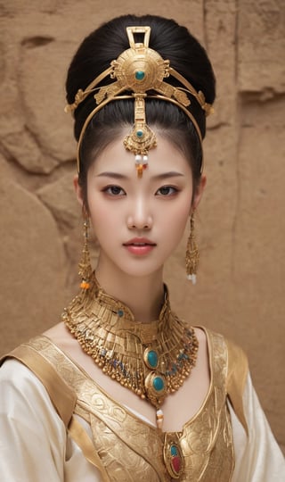 Create a realistic image of a famous queen in her empire. The image should capture the grandeur and majesty of her reign, showcasing her in a historically accurate setting. Consider queens such as Cleopatra of Egypt, Elizabeth I of England, or Empress Wu Zetian of China. The queen should be depicted in regal attire, adorned with appropriate jewelry and symbols of power. The background should reflect the architectural and cultural elements of her empire, whether it's the opulent palaces of ancient Egypt, the grand castles of Tudor England, or the imperial courts of Tang Dynasty China. Pay close attention to historical details and the overall atmosphere to evoke the true essence of her era and sovereignty.

