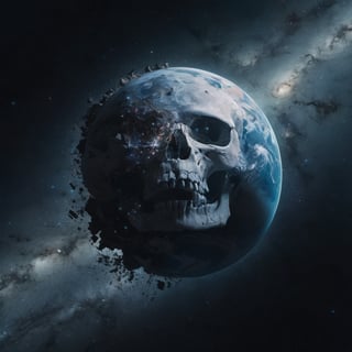 A striking, otherworldly image of Earth as a crumbling globe in the vastness of space. As the surface disintegrates, revealing a skull beneath, the fallen fragments float away into the dark cosmos. In the background, an intricate tapestry of stars and galaxies unfolds, reminding us of the universe's immense scale and the fragility of our planet.,