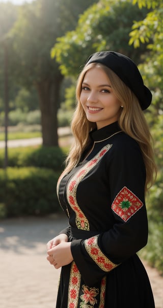 1girl, beautiful young woman, blonde, smiling, (in beautiful Ukrainian national dress embroidery ornament black, red, green), sunny day, botanical garden, realistic