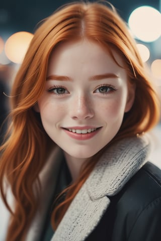 closed lips, cute smile, cinematic photo (art by Mathias Goeritz:0.9) , photograph, Lush Girlfriend, Tax collector, Rich ginger hair, Winter, tilt shift, Horror, specular lighting, film grain, Samsung Galaxy, F/5, (cinematic still:1.2), freckles . 35mm photograph, film, bokeh, professional, 4k, highly detailed ,1 girl,midjourney,yuzu, perfect, fingers,

,Extremely Realistic